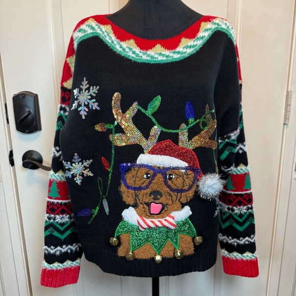 33 Degrees Christmas Sweater Sz XS Brown Dog Graphic Ugly Sequins Jingle - Picture 1 of 14